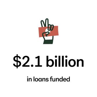 Peace sign hand illustration over $2.1 billion loans funded data