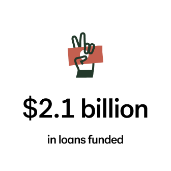 Peace sign hand illustration over $2.1 billion loans funded data